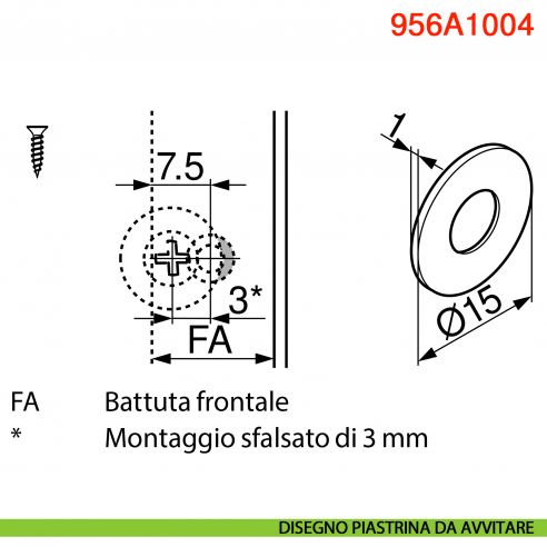 Cricchetto magnetico a pressione Blum Tip-On 956A1004 corsa lunga 38 mm - disegno piastrina da avvitare