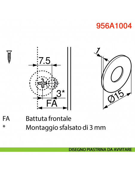 Cricchetto magnetico a pressione Blum Tip-On 956A1004 corsa lunga 38 mm - disegno piastrina da avvitare