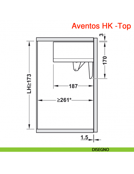 Guarnitura per anta a ribalta Blum Aventos HK-Top fissaggio viti per truciolare - disegno