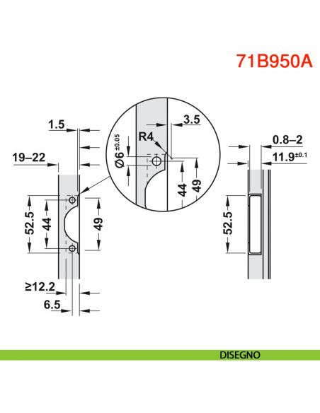 Cerniera Blum 71B950A Clip Top Blumotion per ante con telaio in alluminio a battuta apertura 95 gradi - disegno