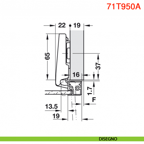Cerniera per ante in alluminio Blum 71T950A Clip Top a battuta apertura 95 gradi - disegno