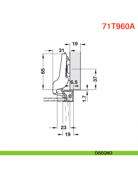 Cerniera per ante in alluminio Blum 71T960A Clip Top mezza battuta apertura 95 gradi - disegno