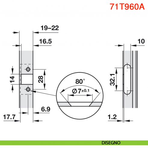 Cerniera per ante in alluminio Blum 71T960A Clip Top mezza battuta apertura 95 gradi - disegno