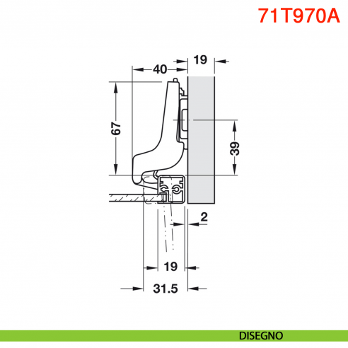 Cerniera per ante in alluminio Blum 71T970A Clip Top battuta interna apertura 95 gradi - disegno