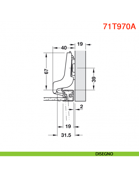 Cerniera per ante in alluminio Blum 71T970A Clip Top battuta interna apertura 95 gradi - disegno
