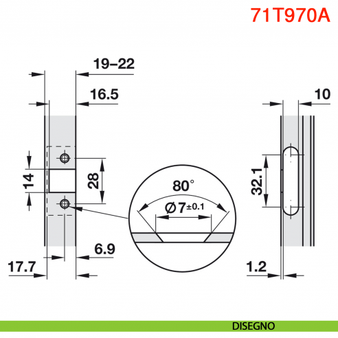 Cerniera per ante in alluminio Blum 71T970A Clip Top battuta interna apertura 95 gradi - disegno
