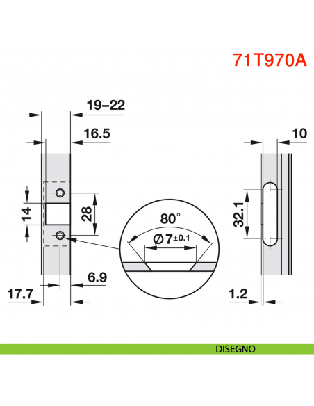 Cerniera per ante in alluminio Blum 71T970A Clip Top battuta interna apertura 95 gradi - disegno