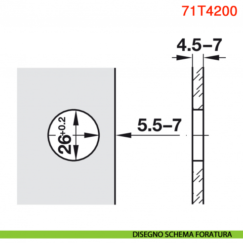 Cerniera per anta in vetro Blum 75T4200 Clip Top mezza battuta apertura 94 gradi - disegno schema foratura