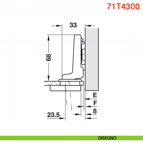 Cerniera per anta in vetro Blum 75T4300 Clip Top battuta interna apertura 94 gradi - disegno