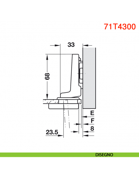 Cerniera per anta in vetro Blum 75T4300 Clip Top battuta interna apertura 94 gradi - disegno