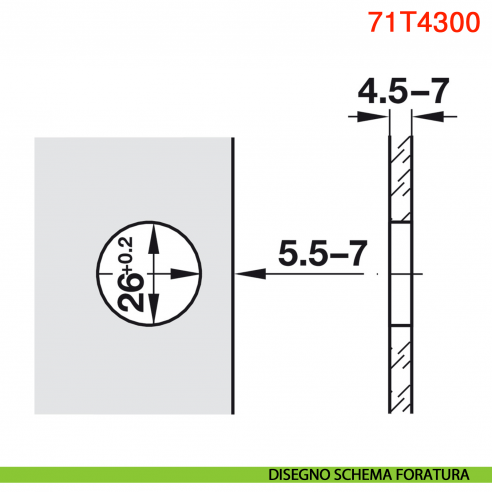 Cerniera per anta in vetro Blum 75T4200 Clip Top battuta interna apertura 94 gradi - disegno schema foratura
