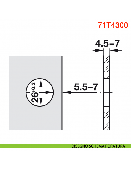 Cerniera per anta in vetro Blum 75T4200 Clip Top battuta interna apertura 94 gradi - disegno schema foratura