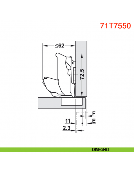 Cerniera Blum 71T7550 Clip Top a battuta con molla 155 gradi protusione 0 - disegno