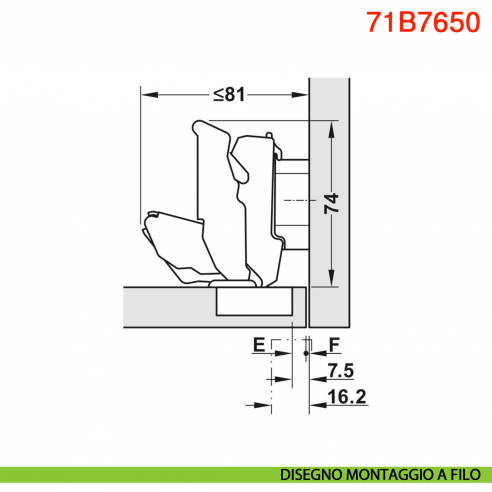Cerniera Blum 71B7650 Clip Top Blumotion mezza battuta ammortizzata 155 gradi protusione 0 - disegno montaggio a filo