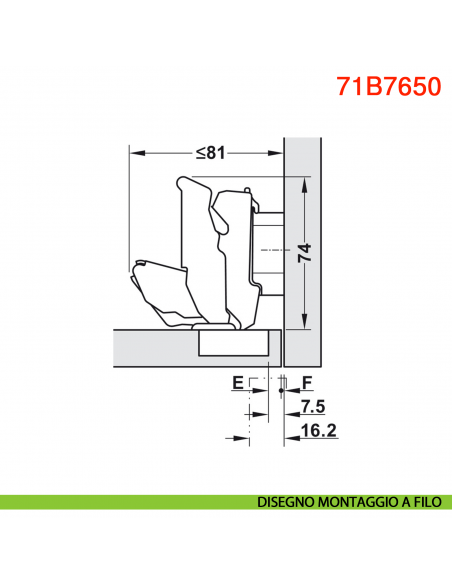 Cerniera Blum 71B7650 Clip Top Blumotion mezza battuta ammortizzata 155 gradi protusione 0 - disegno montaggio a filo