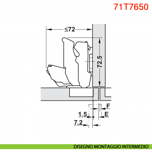 Cerniera Blum 71T7650 Clip Top mezza battuta con molla 155 gradi protusione 0 - disegno montaggio intermedio