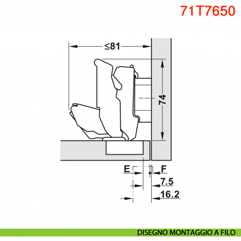 Cerniera Blum 71T7650 Clip Top mezza battuta con molla 155 gradi protusione 0 - disegno montaggio a filo