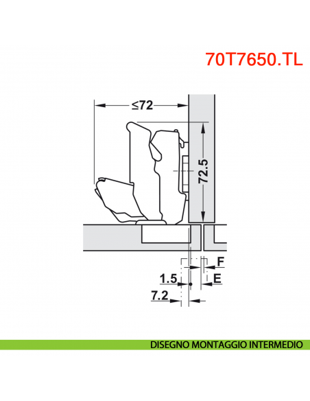 Cerniera Blum 70T7650.TL Clip Top a battuta senza molla 155 gradi protusione 0 - disegno montaggio intermedio