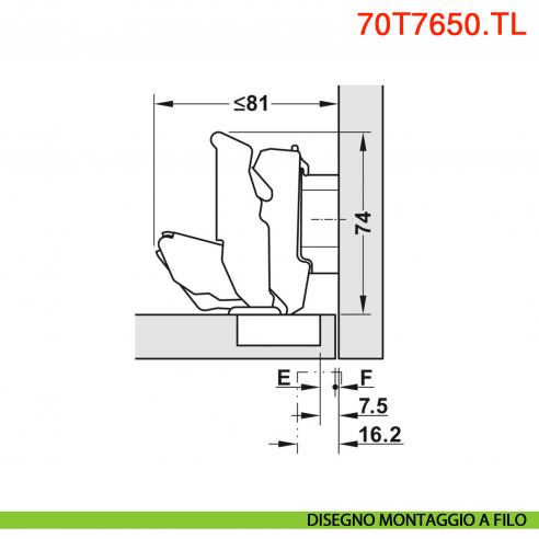 Cerniera Blum 70T7650.TL Clip Top a battuta senza molla 155 gradi protusione 0 - disegno montaggio a filo