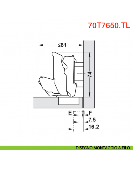 Cerniera Blum 70T7650.TL Clip Top a battuta senza molla 155 gradi protusione 0 - disegno montaggio a filo