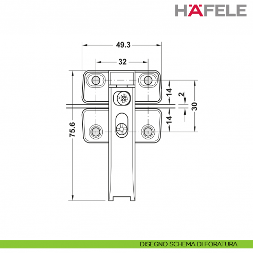 Cerniera intermedia Hafele per Huwil Senso ed E-Senso - disegno schema di foratura