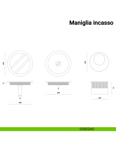 Maniglia ad incasso tonda per scorrevole con nottolino e ditale Verum Italy disegno