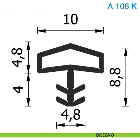 Guarnizione per porta in legno Roverplastik A 106 K nera battuta 10 mm scatola 408 metri - disegno