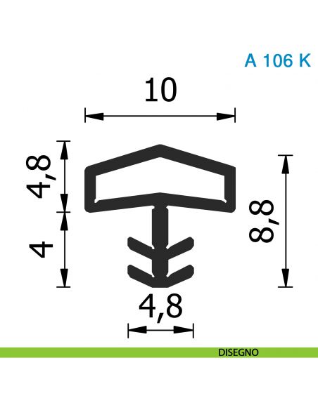 Guarnizione per porta in legno Roverplastik A 106 K nera battuta 10 mm scatola 408 metri - disegno