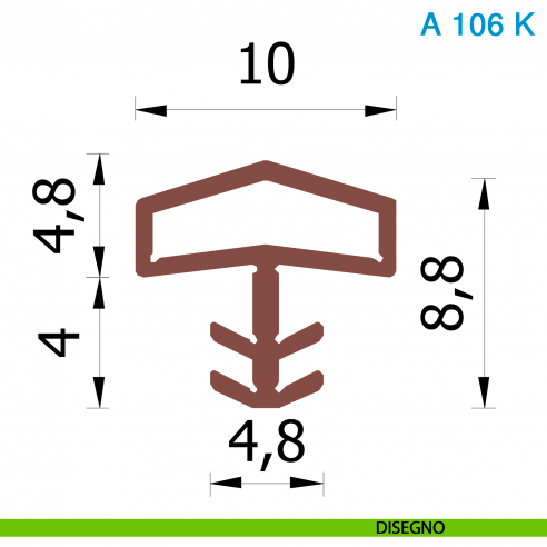 Guarnizione per porta in legno Roverplastik A 106 K marrone battuta 10 mm confezione 24 metri - disegno