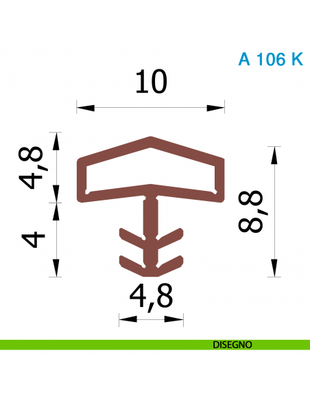 Guarnizione per porta in legno Roverplastik A 106 K marrone battuta 10 mm scatola 408 metri - disegno