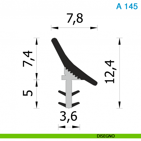 Guarnizione per porta scorrevole in legno Roverplastik A 145 nera battuta 8 mm confezione 29 metri - disegno