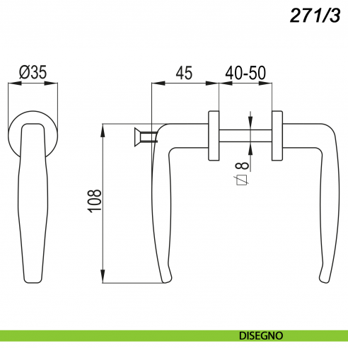 Maniglia per cancello nera con vite spessore porta 40-50 mm quadro 8 mm Nova-Ferr 271/3 - disegno