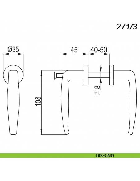 Maniglia per cancello nera con vite spessore porta 40-50 mm quadro 8 mm Nova-Ferr 271/3 - disegno