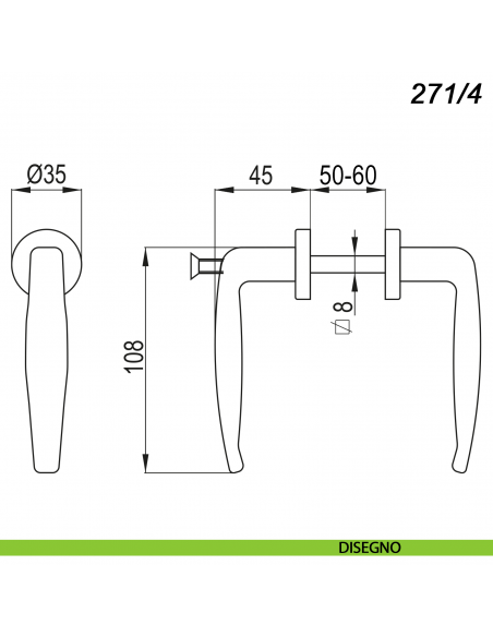 Maniglia nera per portoncino con vite spessore porta 50-60 mm quadro 8 mm Nova-Ferr 271/4 - disegno