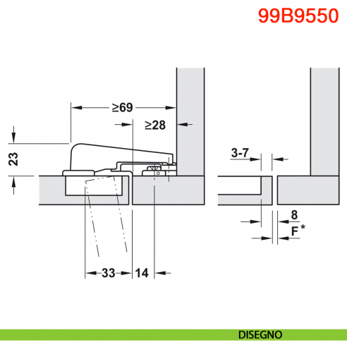 Cerniera Blum 99B9550 Modul Blumotion per mobili con colonna a filo ammortizzata apertura 95 gradi - disegno