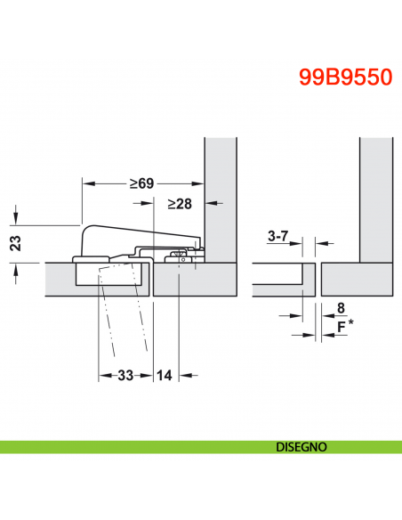 Cerniera Blum 99B9550 Modul Blumotion per mobili con colonna a filo ammortizzata apertura 95 gradi - disegno