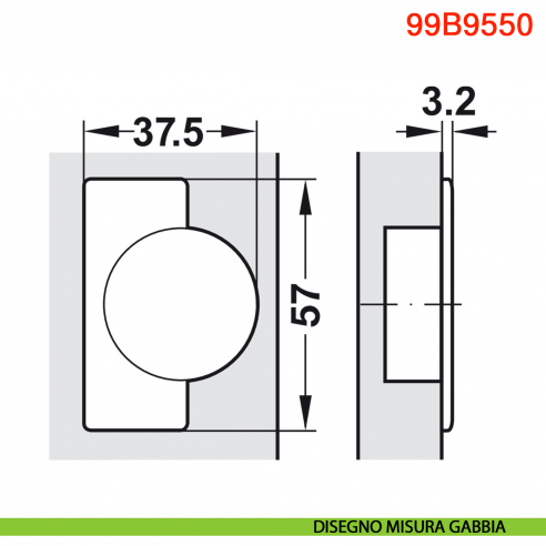 Cerniera Blum 99B9550 Modul Blumotion per mobili con colonna a filo ammortizzata apertura 95 gradi - disegno misura gabbia