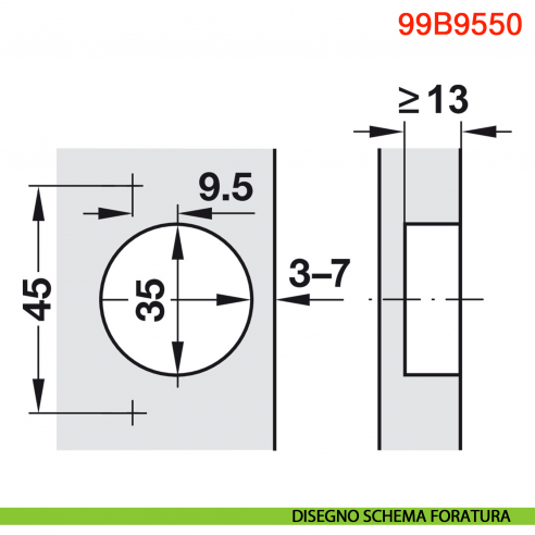 Cerniera Blum 99B9550 Modul Blumotion per mobili con colonna a filo ammortizzata apertura 95 gradi - disegno schema di foratura