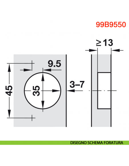 Cerniera Blum 99B9550 Modul Blumotion per mobili con colonna a filo ammortizzata apertura 95 gradi - disegno schema di foratura