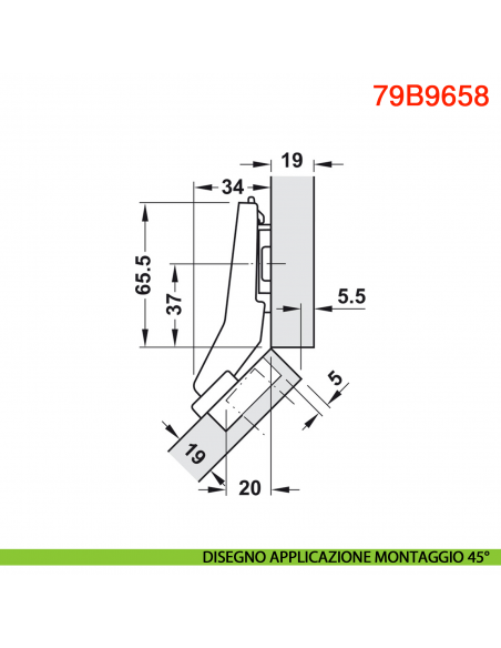 Cerniera Blum 79B9658 Clip Top Blumotion per mobili ad angolo +45 gradi I mezza battuta a sormonto ammortizzata 95 gradi