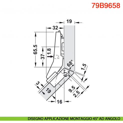 Cerniera Blum 79B9658 Clip Top Blumotion per mobili ad angolo +45 gradi I mezza battuta a sormonto ammortizzata 95 gradi