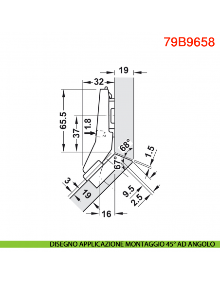 Cerniera Blum 79B9658 Clip Top Blumotion per mobili ad angolo +45 gradi I mezza battuta a sormonto ammortizzata 95 gradi