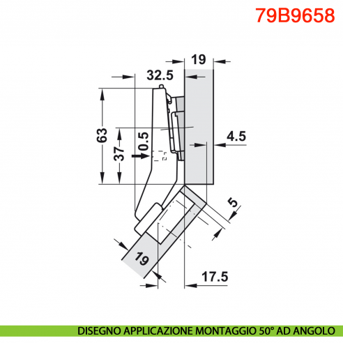 Cerniera Blum 79B9658 Clip Top Blumotion per mobili ad angolo +45 gradi I mezza battuta a sormonto ammortizzata 95 gradi