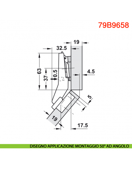Cerniera Blum 79B9658 Clip Top Blumotion per mobili ad angolo +45 gradi I mezza battuta a sormonto ammortizzata 95 gradi
