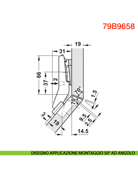 Cerniera Blum 79B9658 Clip Top Blumotion per mobili ad angolo +45 gradi I mezza battuta a sormonto ammortizzata 95 gradi