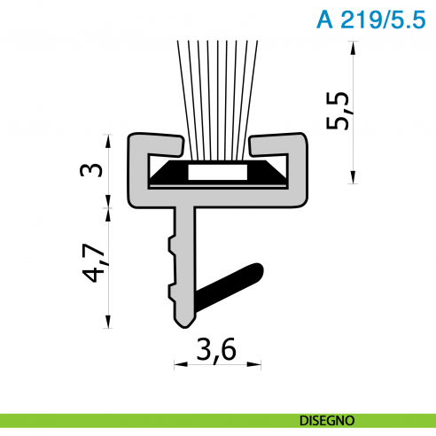 Guarnizione con spazzolino per porta scorrevole in legno altezza 5,5 mm nero Roverplastik A 219 - disegno