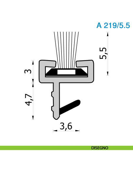 Guarnizione con spazzolino per porta scorrevole in legno altezza 5,5 mm nero Roverplastik A 219 - disegno
