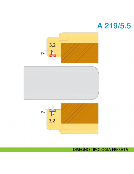 Guarnizione con spazzolino per porta scorrevole in legno altezza 5,5 mm nero Roverplastik A 219 - disegno tipologia fresata