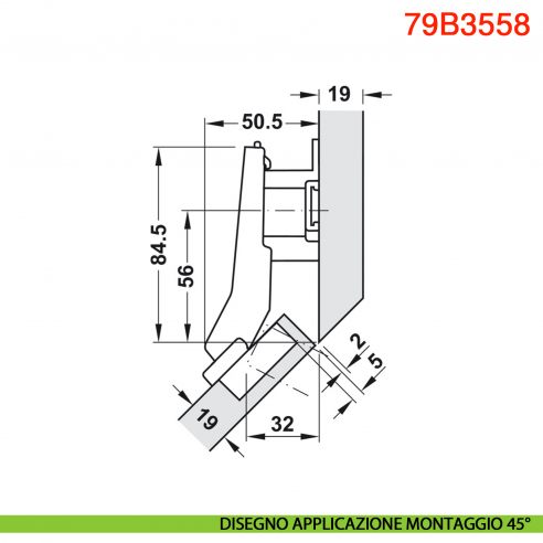 Cerniera Blum 79B3558 Clip Top Blumotion per mobili ad angolo +45 gradi II battuta a sormonto ammortizzata apertura 110 gradi