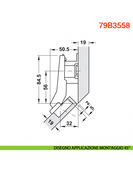 Cerniera Blum 79B3558 Clip Top Blumotion per mobili ad angolo +45 gradi II battuta a sormonto ammortizzata apertura 110 gradi